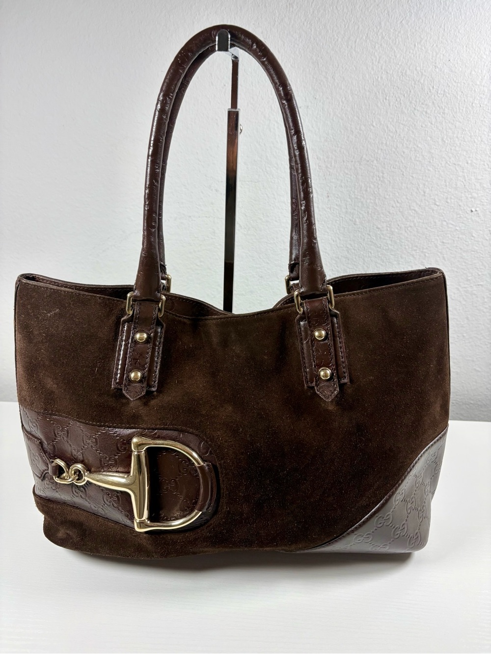 GUCCI GG Suede Hasler Horsebit Accent Shoulder Bag~Matching Wallet included
